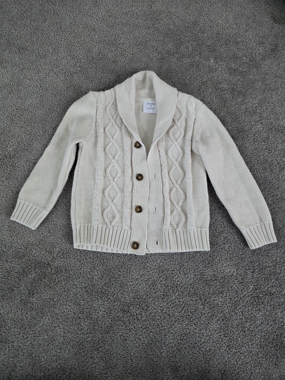 Okie Dokie Unisex Cream Cable-Knit Shawl Collar Cardigan Sweater 4T